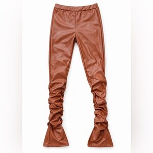 SHEIN Brown Faux Leather Ruched Bootcut Pants